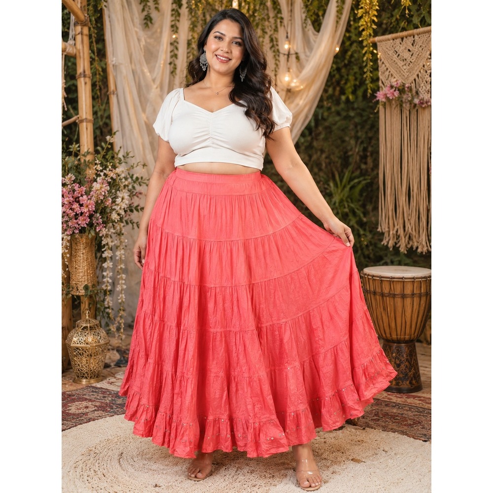 Boho Chic Festival Pink Cotton Maxi Skirt Indie Full Sequin Size XL Party Cruise